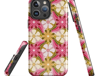 Retro-iPhone-Hülle mit Blumenmuster | Flower Power der 70er Jahre | Gold & Rosa