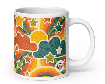 Retro Celestial Sun and Stars Mug | 1970s Inspired Blue Ceramic Coffee Cup