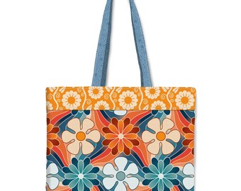 1970s Flower Power Tote Bag | Retro Floral Canvas Market Tote