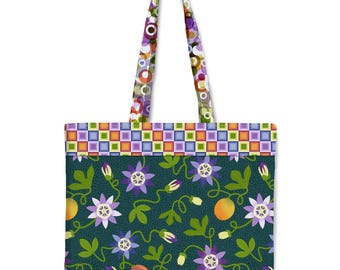 Purple Passion Flower Market Tote Bag | Botanical Floral Reusable Grocery Bag