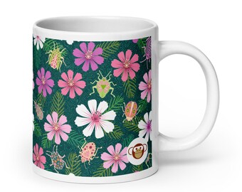 Busy Beetles Mug | Whimsical Beetle Floral Coffee Mug