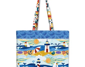 Nautical Lighthouse Sailboat Canvas Tote Bag – Seaside Beach Market Carryall