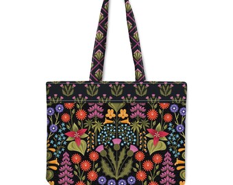 Midnight Botanica Tote Bag | Dark Floral Canvas Market Bag