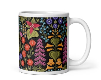 Midnight Botanical Wildflower Mug | Art Deco Botanical Cup | Cottagecore Garden Gift