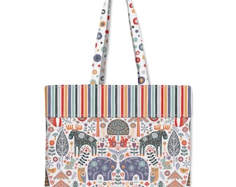 Boreal Forest Tote Bag | Scandinavian Folk Art Woodland Animals Market Bag