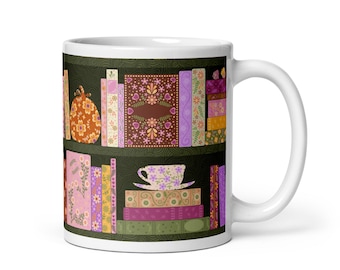 Cottage Folk Bookshelf Mug | Cozy Reading Coffee Cup (11-20 oz)