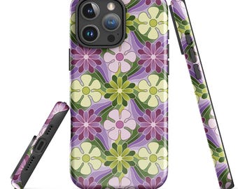 Retro-iPhone-Hülle mit Blumenmuster | Flower Power der 70er Jahre | Avocado & Lila