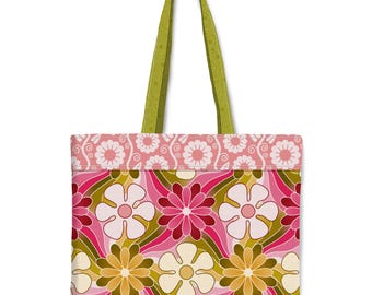Retro Floral Canvas Tote | 1970s Flower Power Shopper | Pink & Olive Vintage Style
