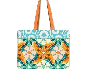Retro Floral Canvas Tote | 1970s Flower Power Shopper | Aqua
