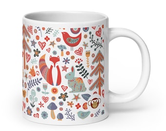 Scandinavian Folk Art Mug | Fox, Rabbit, Woodland Animals Coffee Cup