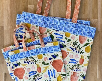 Handmade Mediterranean Tote Bag | Coastal Market Carryall with Citrus, Olives, Fish