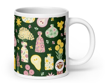 Golden Elixirs Floral Mug | Scandinavian Folk Art Coffee Cup | Cottagecore Botanical Tea Mug