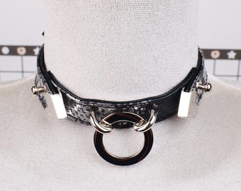 O Ring Snake Print Leather Choker, Adjustable Black Punk Collar for Women, Gothic Edgy Accessory, Christmas or Birthday Gift