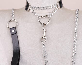 Punk Black Sliding Chain Choker with Heart Ring, Vegan Leather Collar Necklace, Valentine Gift for Her