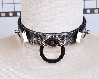 Snake Print Choker Necklace, Faux Leather Adjustable O-Ring Collar