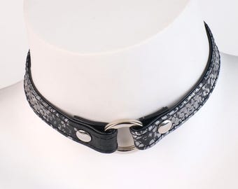 Black Snake Texture PU Leather Choker, Laser O-Ring Collar, Adjustable Punk Gothic Necklace