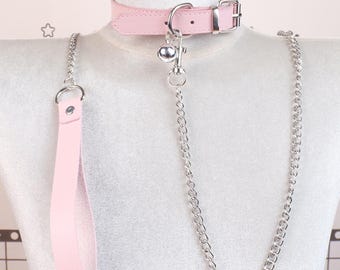 Pink PU leather bell choker, adjustable D-ring necklace, punk style choker, Christmas gift