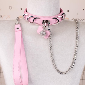 Adjustable Pink Leather Collar with D Rings & Bell, Birthday Gift for Her