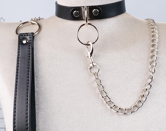 O Ring PU Leather Punk Choker Necklace with Chain