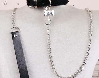 Black Leather Choker with Silver Dog Bone & Paw Print Charm, Adjustable Simple Day Collar with Detachable Chain