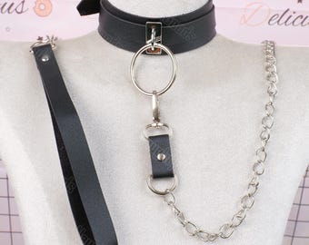 Schwarzer O-Ring Halsband, verstellbares Tageshalsband mit abnehmbarer Kette, Gothic Punk Halskette