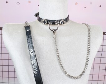 Snake Texture O-Ring Choker with Detachable Chain, Adjustable Punk Gothic Leather Collar,  Exotic Necklace, Xmas Gift, Valentine's Day Gift