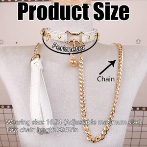 May include: White leather choker with gold-colored hardware and a matching chain. The choker has a perimeter measurement indicated. The chain is 39.37 inches long. The text "Product Size" is at the top.