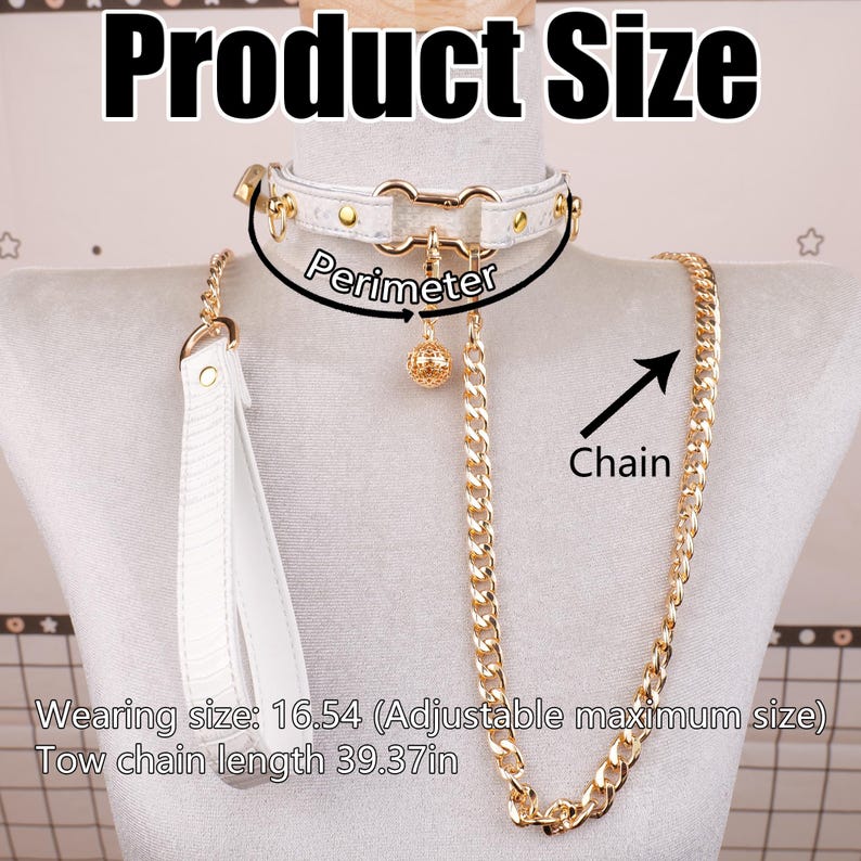 May include: White leather choker with gold-colored hardware and a matching chain. The choker has a perimeter measurement indicated. The chain is 39.37 inches long. The text "Product Size" is at the top.
