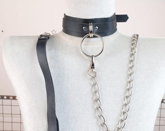 Schwarz Leder O-Ring Choker mit abnehmbarer Kette, verstellbare Punk Kragen Halskette, Valentinstag Geschenk für Sie