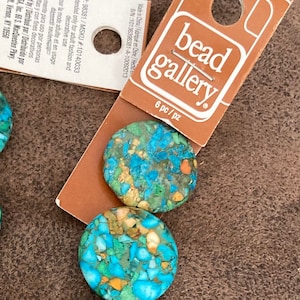 Vintage Perlengalerie Blau Türkis Komposit Stein Perlen: 25 mm Scheiben, 6 Stück (NOS)