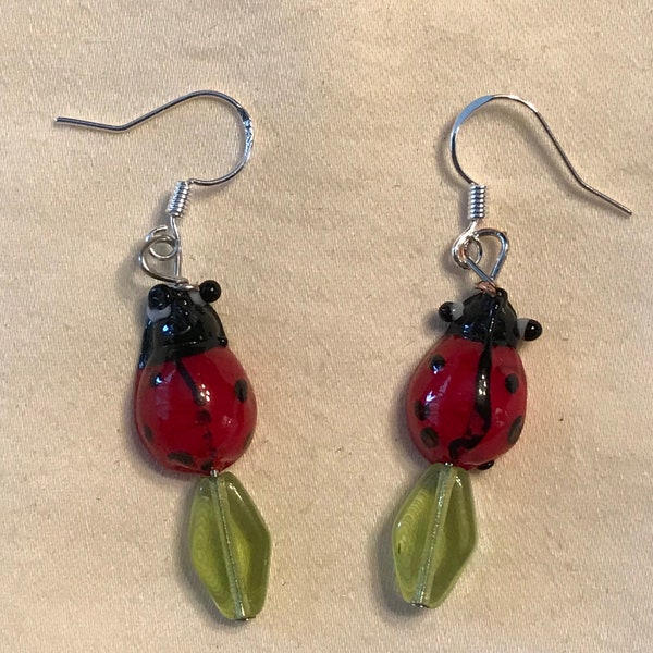 Handmade Pierced Dangle Earrings Lampwork Glass Ladybug Abenaki Native American Made by Hidden Bear