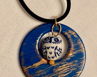 Blue Moon keramische uil hanger choker ketting Native American gemaakt door Hidden Bear