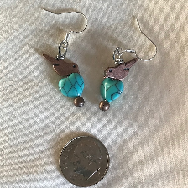 Native American Made Copper Dove Turquoise Heart Pierced Earrings Handmade by Hidden Bear