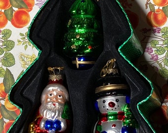 Vintage set van 3 kerstversieringen sneeuwpop boom kerstman onbreekbaar gegoten geschenkdoos