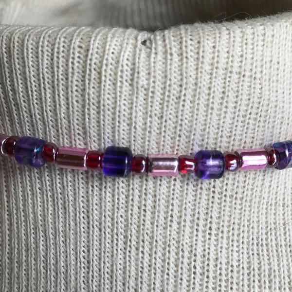 Pink Purple Glass Beaded Necklace Native American Handmade Choker Hidden Bear