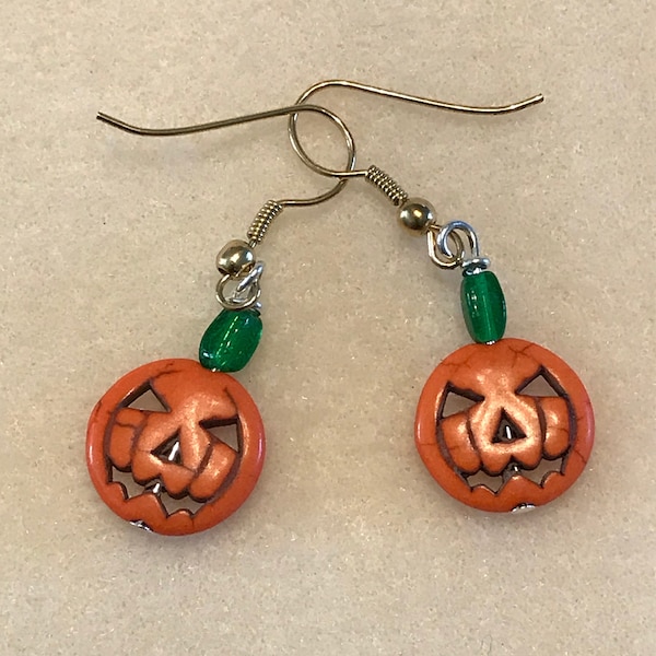 Pair Pierced Earrings Native American Handmade Halloween Jack-o-lantern Pumpkin Dangle hooks by Hidden Bear