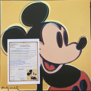 May include: Pop art print of Mickey Mouse in black, red, and flesh tones against a yellow background. The artwork features bold outlines and a certificate of authenticity. Signed "Andy Warhol" in the lower left corner.