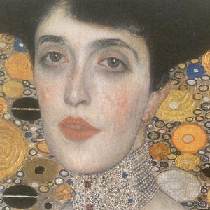 May include: A portrait of a woman with a black hat and a jeweled collar. The painting features a detailed face with rosy cheeks and red lips. The background has gold and circular patterns.