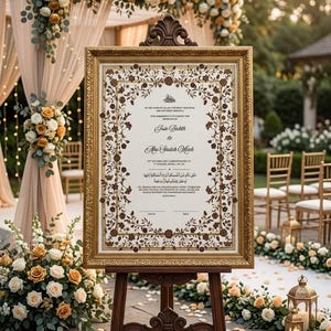 May include: A decorative wedding sign in a gold frame, displayed on a wooden easel. The sign features floral patterns and script. The scene includes floral arrangements and wedding decorations. The sign reads "Jase Bakth & Rose Sader Miah".