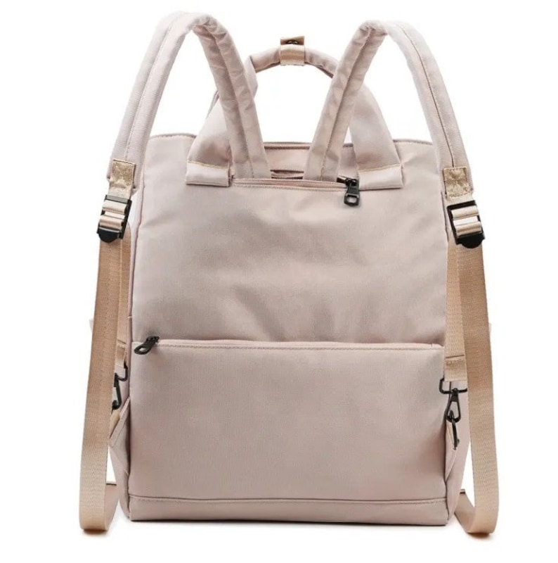 May include: A light beige backpack with adjustable shoulder straps and a top handle. The bag features a front zippered pocket and a main compartment with a zipper closure. The straps and handle are a lighter beige color, and the hardware is black.