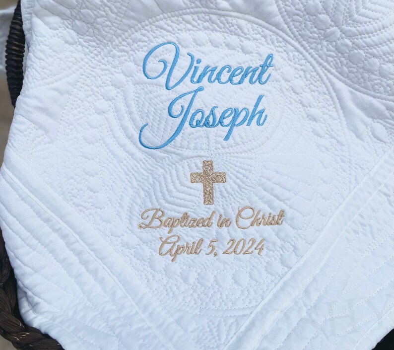 Personalized Baptism Quilt , Baptism Gift for Boy ,New Baby, Christening Gift, New Baby, Baptism Blanket , Gift for Baby Shower image 2