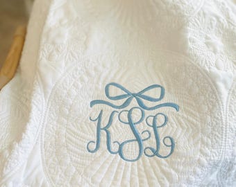 Personalized Embroidered Baby Blanket- Custom Cotton Heirloom Quilt Coquette Monogram Bow