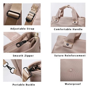 May include: A beige tote bag with multiple features. The bag has an adjustable strap, a comfortable handle, and a smooth zipper. It also features suture reinforcement, a portable buckle, and is waterproof. The image includes text that describes each feature.