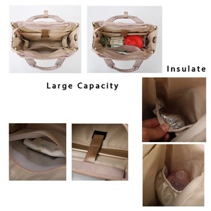May include: Beige diaper bag with multiple compartments, top handles, and a shoulder strap. The bag has the text "Large Capacity" and "Insulate". The bag is shown with baby supplies inside, including bottles, diapers, and a red container.