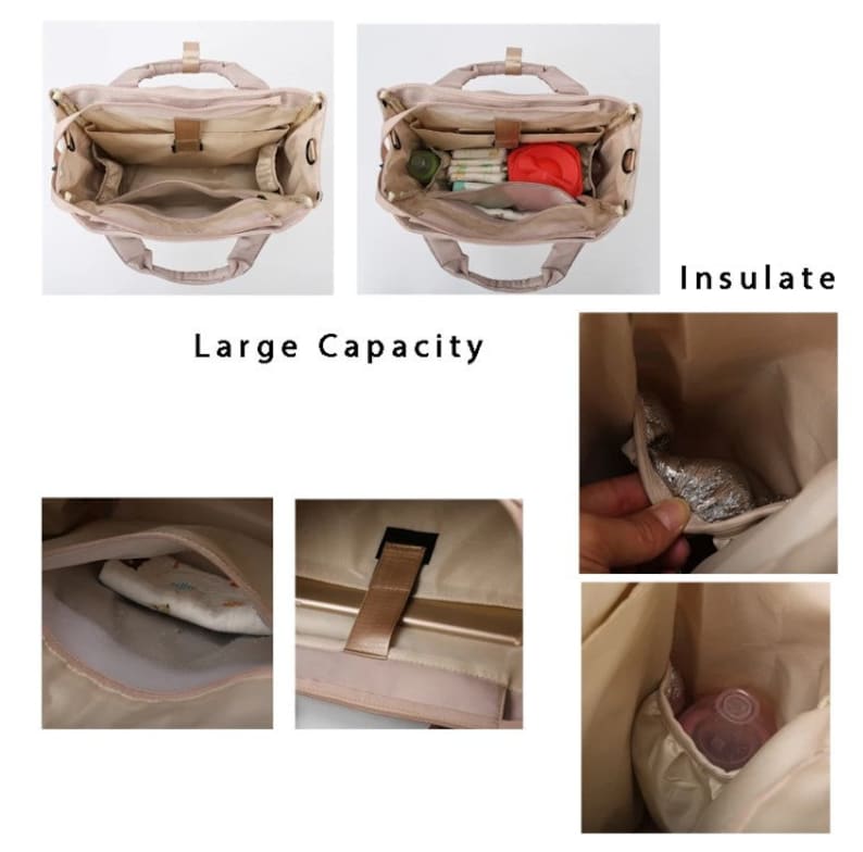 May include: Beige diaper bag with multiple compartments, top handles, and a shoulder strap. The bag has the text "Large Capacity" and "Insulate". The bag is shown with baby supplies inside, including bottles, diapers, and a red container.