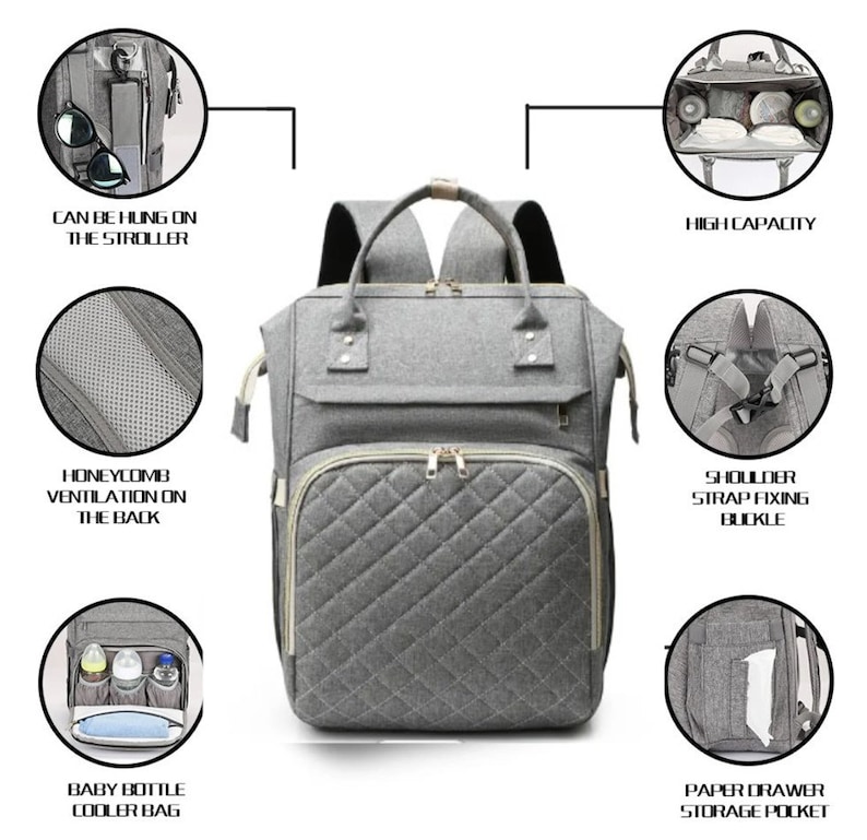 May include: Gray quilted diaper bag backpack with multiple compartments, including a baby bottle cooler bag and paper drawer storage pocket. Features include a honeycomb ventilation back, shoulder strap fixing buckle, and the ability to hang on a stroller.