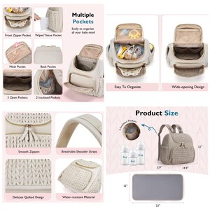 May include: Beige baby diaper bag with multiple pockets, including a front zipper pocket, mesh pocket, and insulated pockets. Features smooth zippers, breathable shoulder straps, and a delicate quilted design. The bag is 12 inches tall, 5.9 inches wide, and 14.9 inches long.