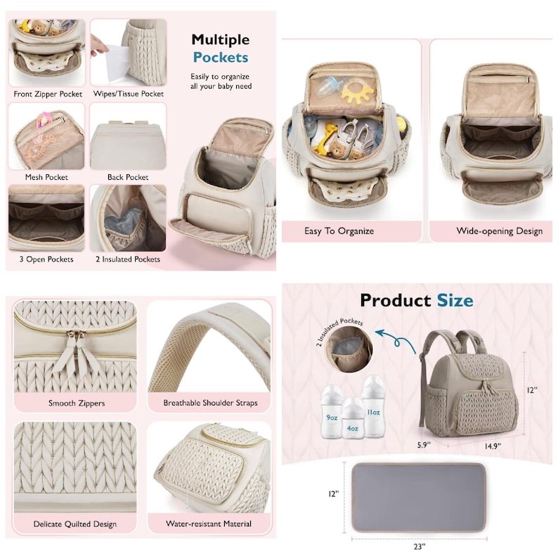 May include: Beige baby diaper bag with multiple pockets, including a front zipper pocket, mesh pocket, and insulated pockets. Features smooth zippers, breathable shoulder straps, and a delicate quilted design. The bag is 12 inches tall, 5.9 inches wide, and 14.9 inches long.
