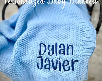 Personalized Knit Baby Blanket, Embroidered Name Nursery Blanket, Baby Shower Gift, Newborn Holiday Gift, Cotton Knit Stroller Blanket