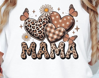 Leopard Heart Mama with Butterfly & Daisy PNG Sublimation Digital Download